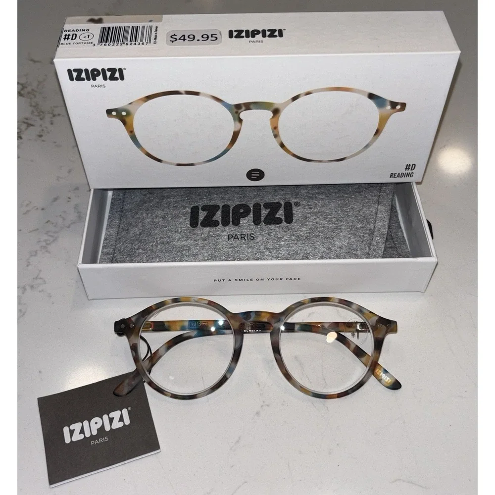 New IZIPIZI READING #D Reading Glasses Women & Men Round 1.0 Blue Tortoise Nib